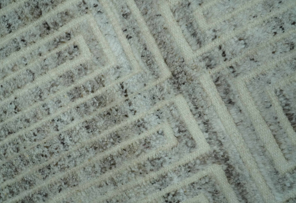 Ivory, Silver and Charcoal Modern Geometrical Puzzle Design hand knotted 5x8 wool Area Rug