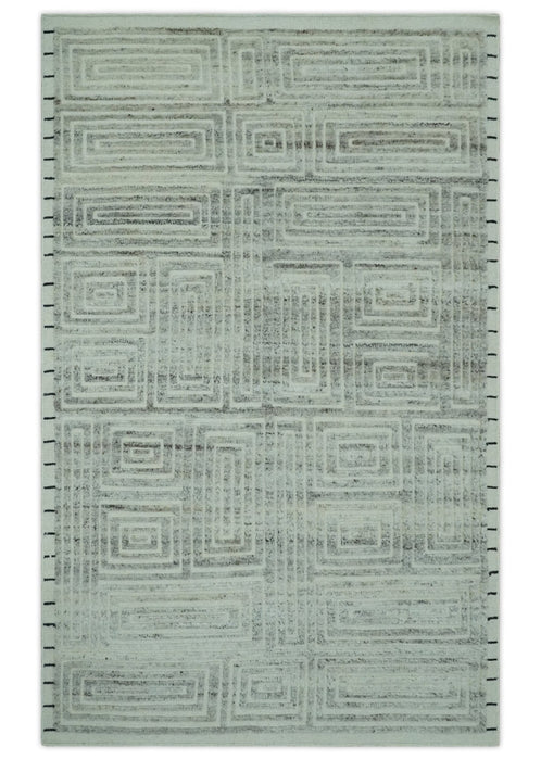 Ivory, Silver and Charcoal Modern Geometrical Puzzle Design hand knotted 5x8 wool Area Rug