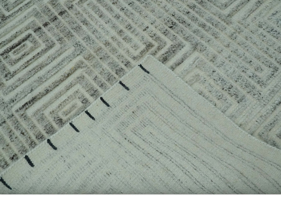 Ivory, Silver and Charcoal Modern Geometrical Puzzle Design hand knotted 5x8 wool Area Rug