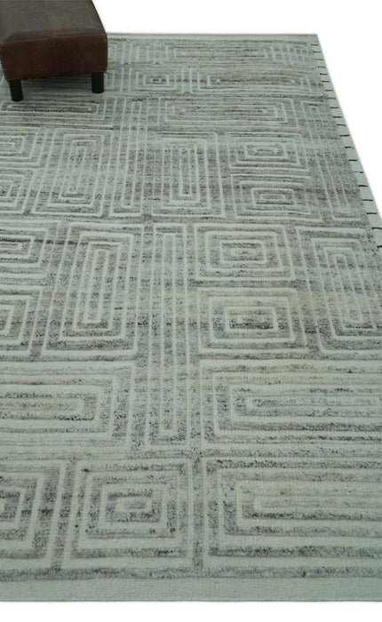 Ivory, Silver and Charcoal Modern Geometrical Puzzle Design hand knotted 5x8 wool Area Rug