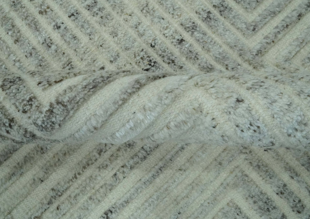 Ivory, Silver and Charcoal Modern Geometrical Puzzle Design hand knotted 5x8 wool Area Rug