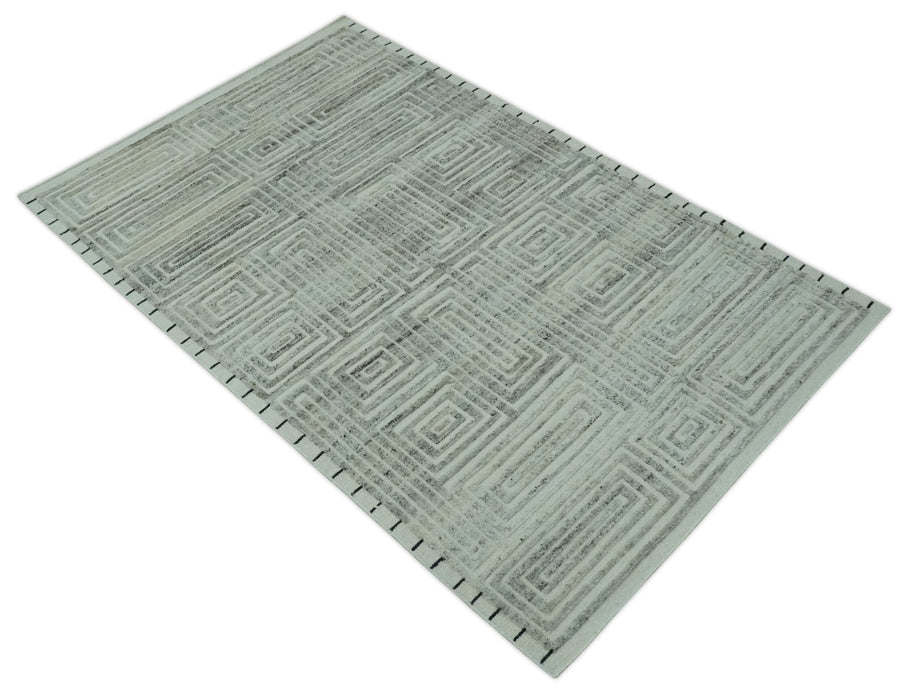 Ivory, Silver and Charcoal Modern Geometrical Puzzle Design hand knotted 5x8 wool Area Rug
