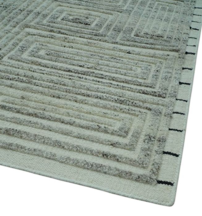 Ivory, Silver and Charcoal Modern Geometrical Puzzle Design hand knotted 5x8 wool Area Rug