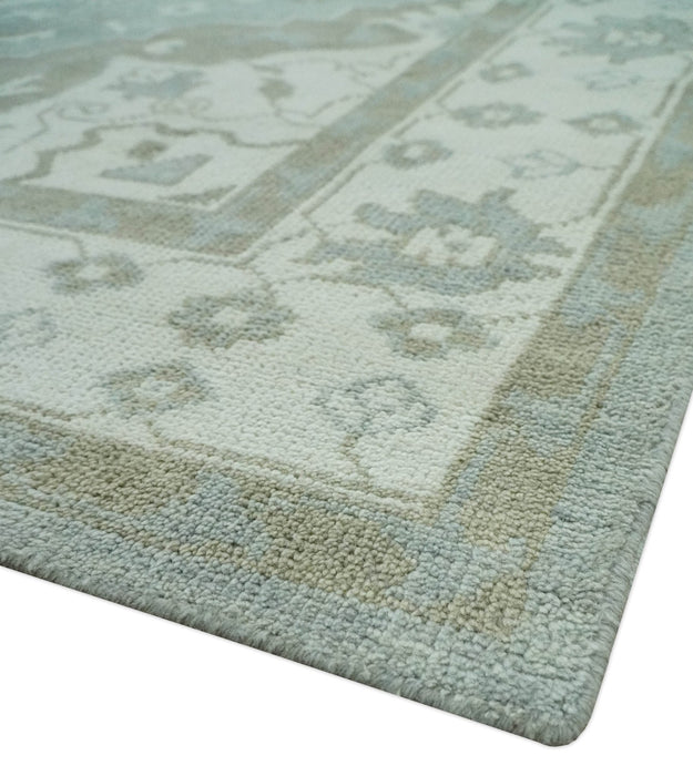 Ivory, Silver and Olive Traditional Heriz Medallion Hand Knotted Multi Size wool Area Rug