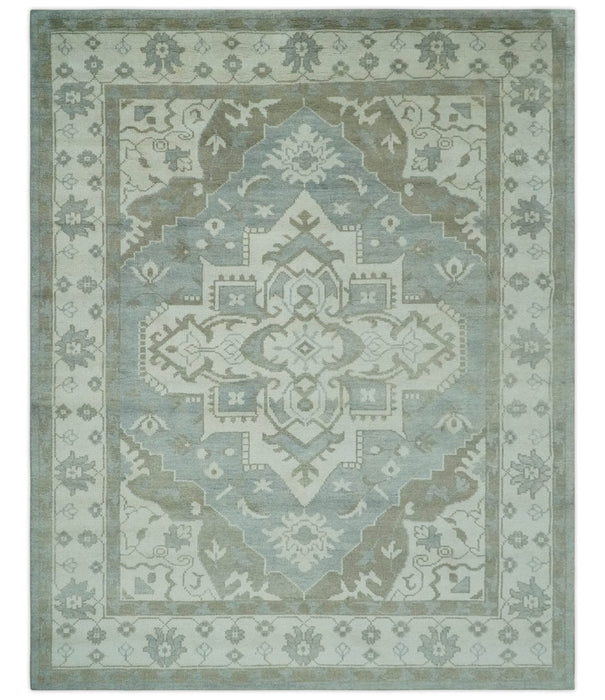 Ivory, Silver and Olive Traditional Heriz Medallion Hand Knotted Multi Size wool Area Rug