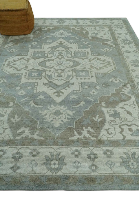 Ivory, Silver and Olive Traditional Heriz Medallion Hand Knotted Multi Size wool Area Rug