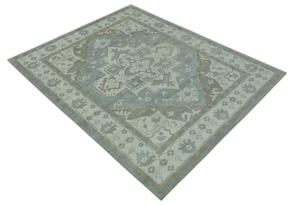 Ivory, Silver and Olive Traditional Heriz Medallion Hand Knotted Multi Size wool Area Rug