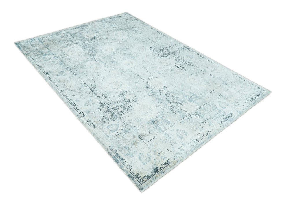 Ivory, Silver, Blue and Beige Finish, Vintage Design , Modern Abstract Art Silk Area Rug, Living Room Rug | TRDMM5