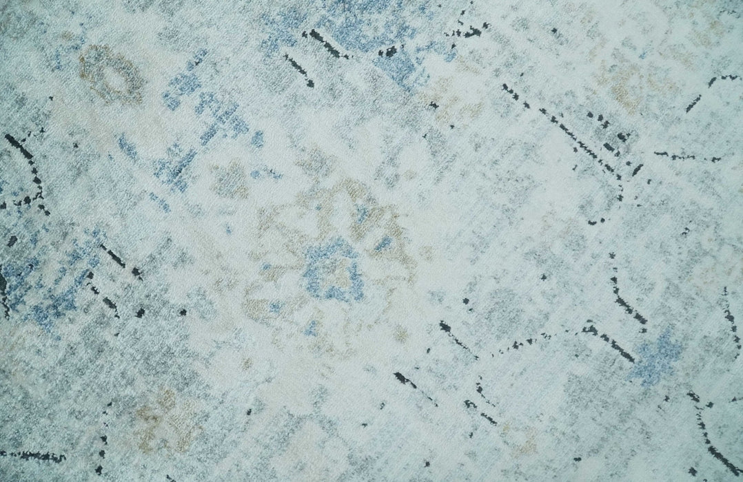 Ivory, Silver, Blue and Beige Finish, Vintage Design , Modern Abstract Art Silk Area Rug, Living Room Rug | TRDMM5
