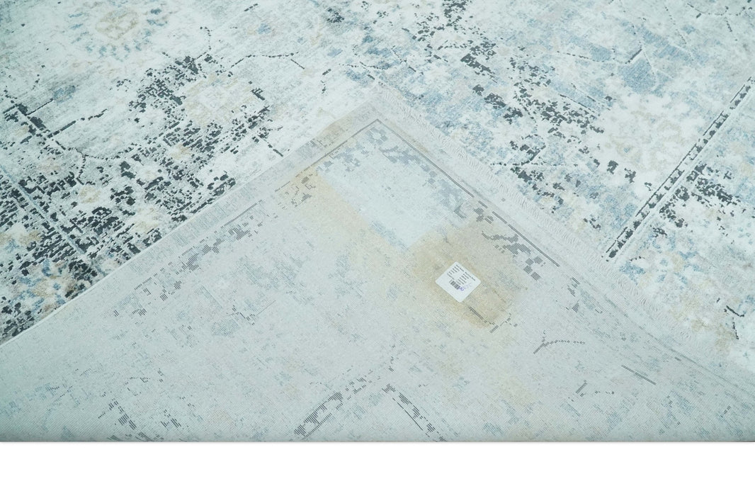 Ivory, Silver, Blue and Beige Finish, Vintage Design , Modern Abstract Art Silk Area Rug, Living Room Rug | TRDMM5