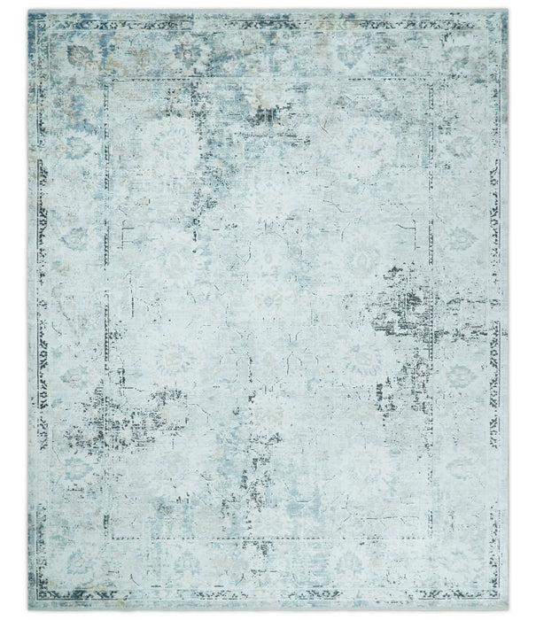 Ivory, Silver, Blue and Beige Finish, Vintage Design , Modern Abstract Art Silk Area Rug, Living Room Rug | TRDMM5