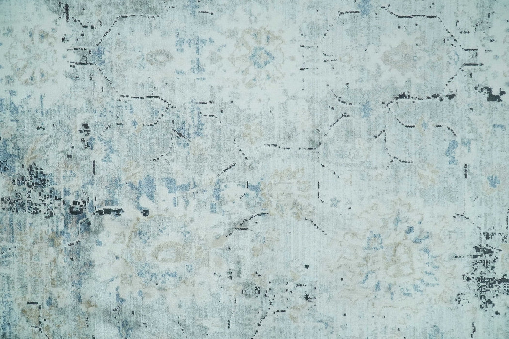 Ivory, Silver, Blue and Beige Finish, Vintage Design , Modern Abstract Art Silk Area Rug, Living Room Rug | TRDMM5