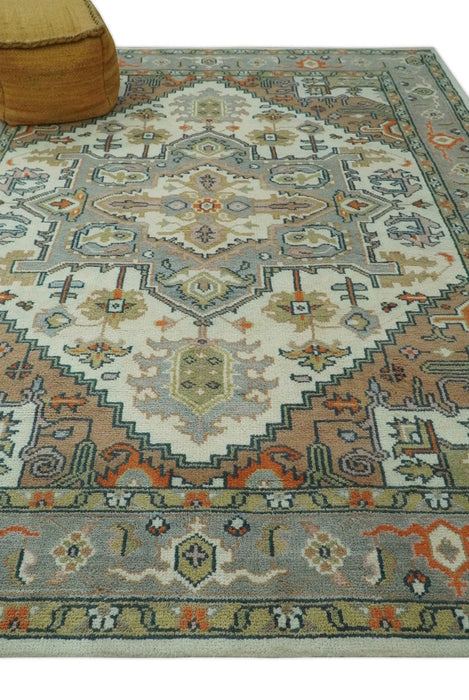 Ivory, Silver, Peach and Olive Traditional Heriz Hand Knotted Multi Size wool Area Rug
