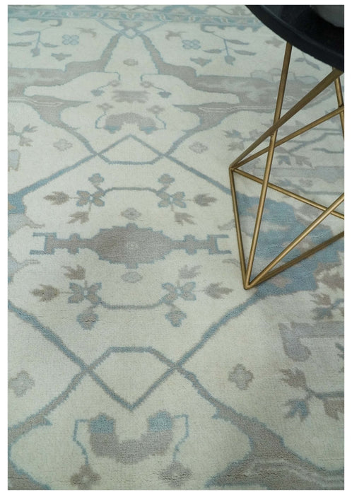 Ivory, Teal and Brown 8x10 Hand knotted Traditional oriental oushak wool area rug