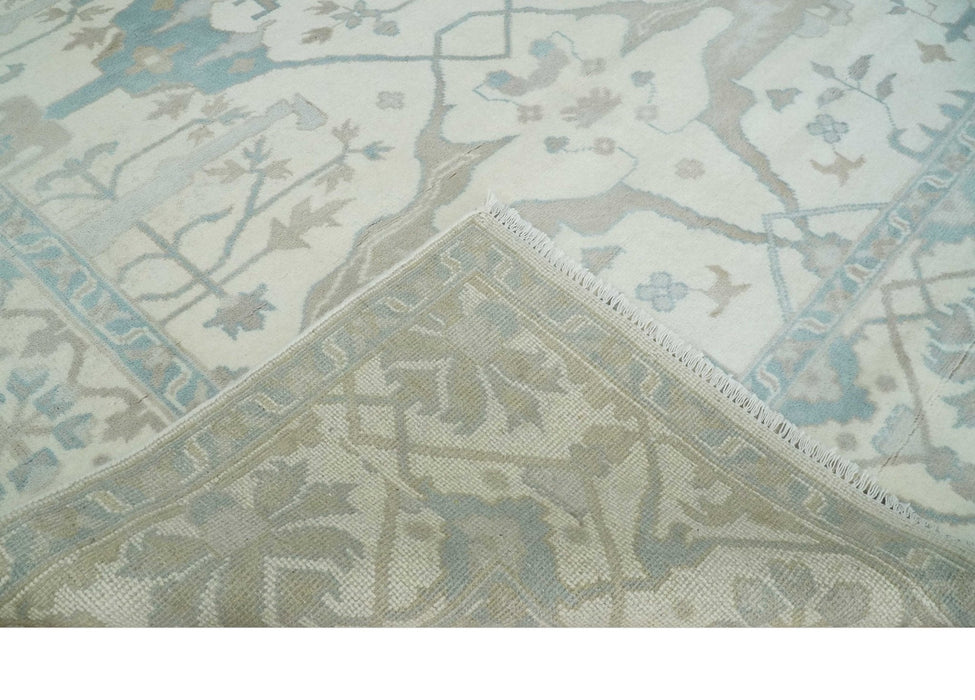 Ivory, Teal and Brown 8x10 Hand knotted Traditional oriental oushak wool area rug