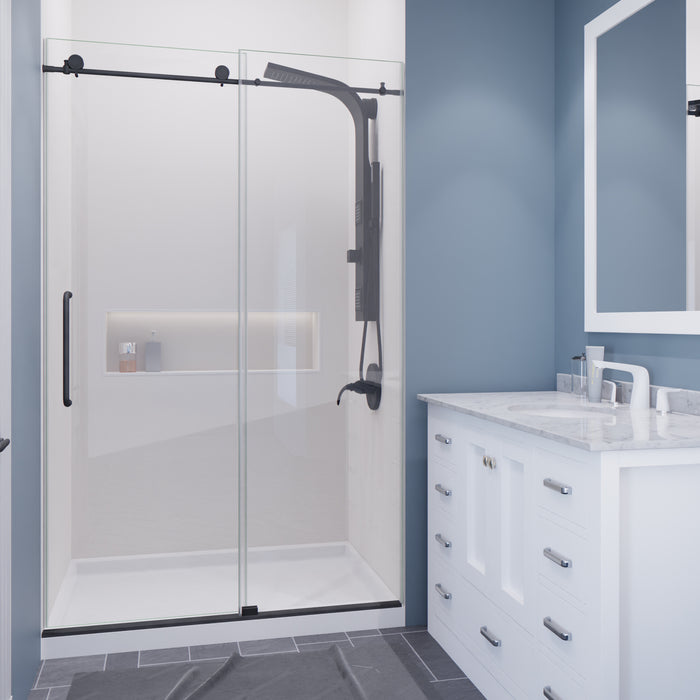 Leon Series 48 in. by 76 in. Frameless Sliding Shower Door in Gunmetal with Handle