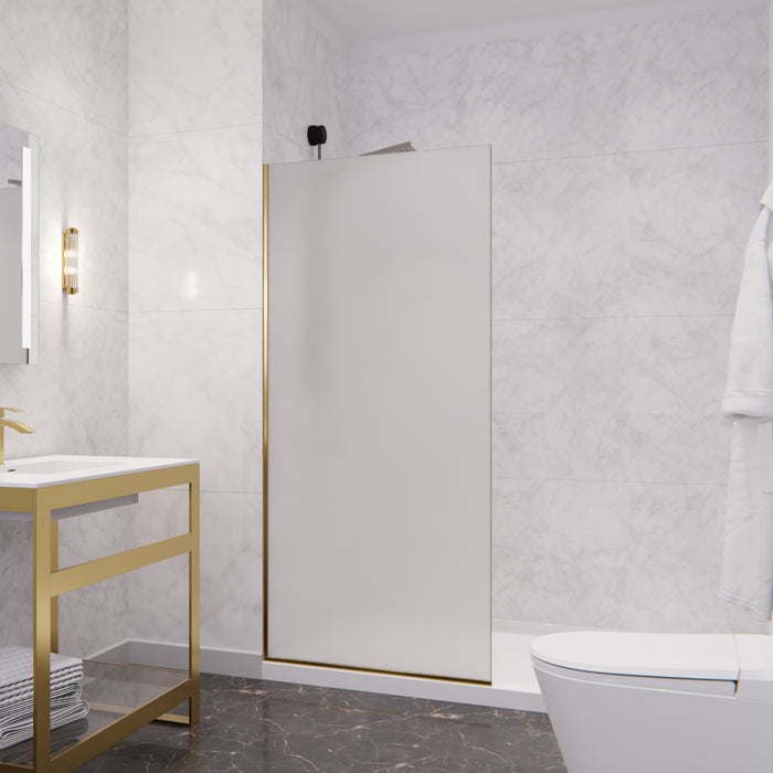 Veil Series 74 in. by 34 in. Framed Frosted Glass Shower Screen in Brushed Gold