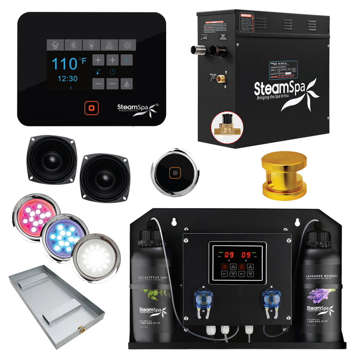 Black Series WiFi and Bluetooth 6kW QuickStart Steam Bath Generator Package with Dual Aroma Pump in Gold