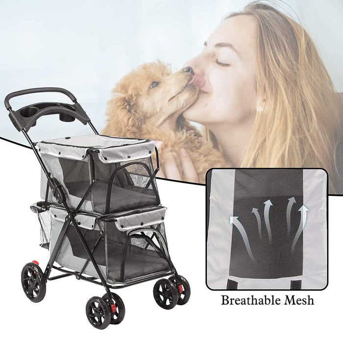 Double Seater Pet Stroller Folding Dog Stroller Travel Cage Stroller with Cup Holders Mesh Window, Gray