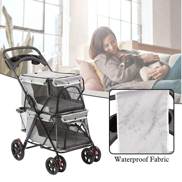 Double Seater Pet Stroller Folding Dog Stroller Travel Cage Stroller with Cup Holders Mesh Window, Gray