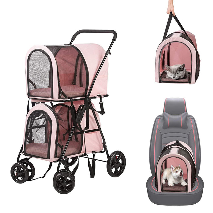 3-in-1 Double Seater Folding Dog Pet Stroller Kitten Puppy Carriages Detachable Carrier Bags, Pink