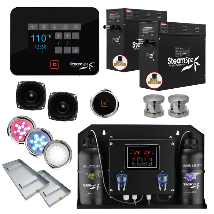 Black Series WiFi and Bluetooth 2 x 7.5kW QuickStart Steam Bath Generator Package with Dual Aroma Pump in Brushed Nickel