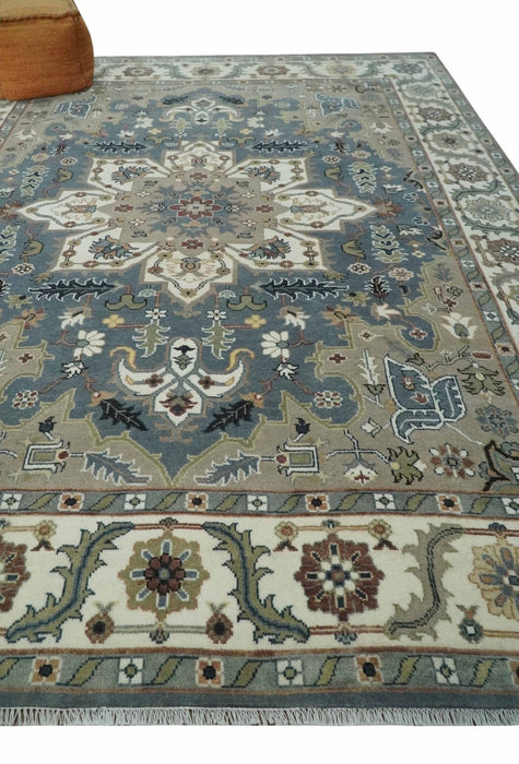 Large 9x12 Living Room Wool Rug, Hand Knotted Ivory, Charcoal and Olive Traditional Design