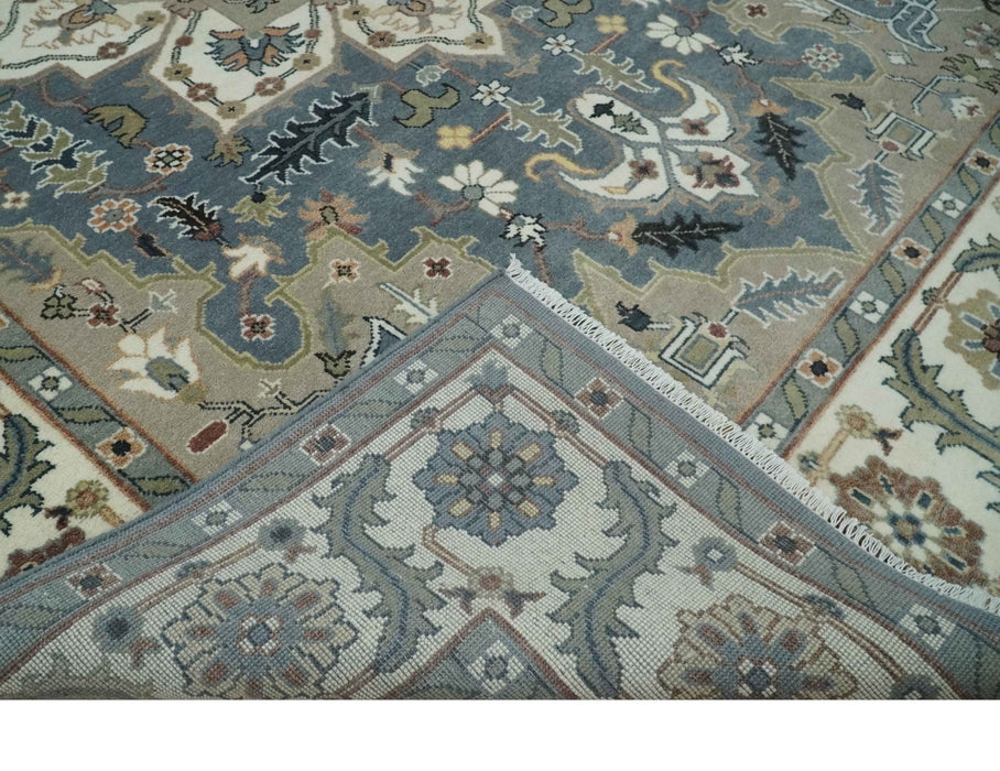 Large 9x12 Living Room Wool Rug, Hand Knotted Ivory, Charcoal and Olive Traditional Design