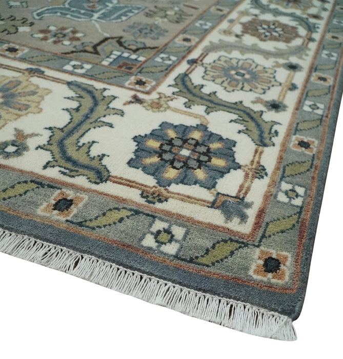 Large 9x12 Living Room Wool Rug, Hand Knotted Ivory, Charcoal and Olive Traditional Design