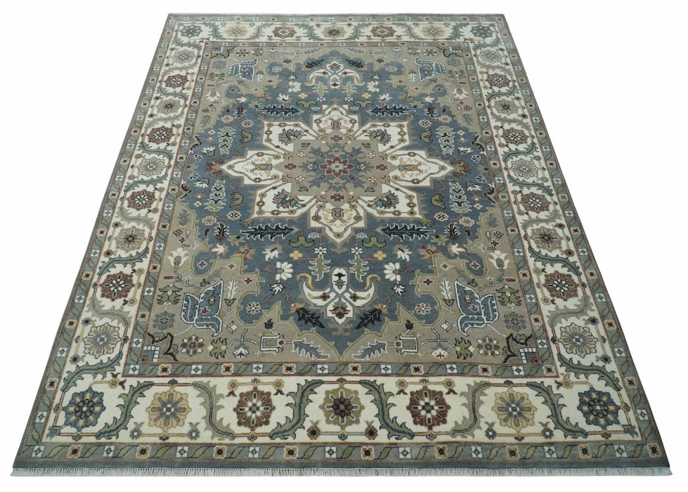 Large 9x12 Living Room Wool Rug, Hand Knotted Ivory, Charcoal and Olive Traditional Design