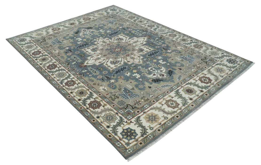 Large 9x12 Living Room Wool Rug, Hand Knotted Ivory, Charcoal and Olive Traditional Design