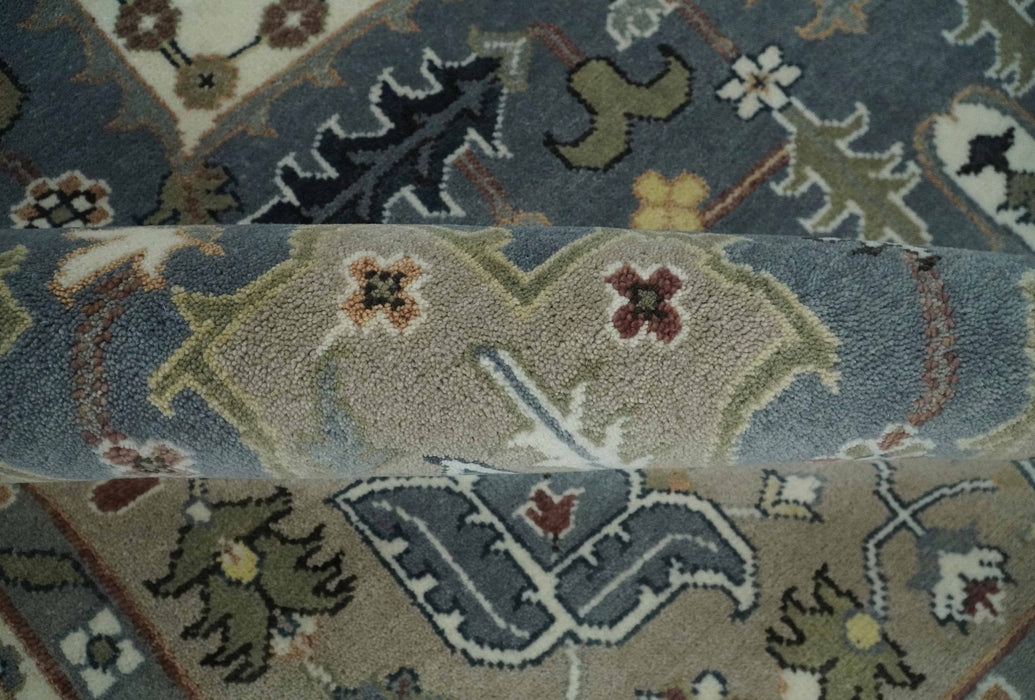 Large 9x12 Living Room Wool Rug, Hand Knotted Ivory, Charcoal and Olive Traditional Design