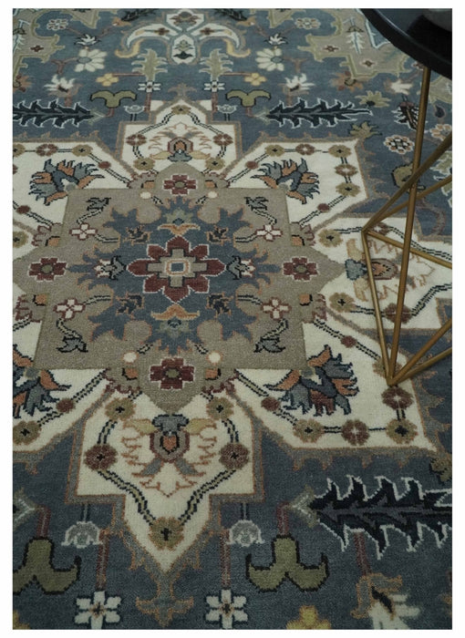 Large 9x12 Living Room Wool Rug, Hand Knotted Ivory, Charcoal and Olive Traditional Design