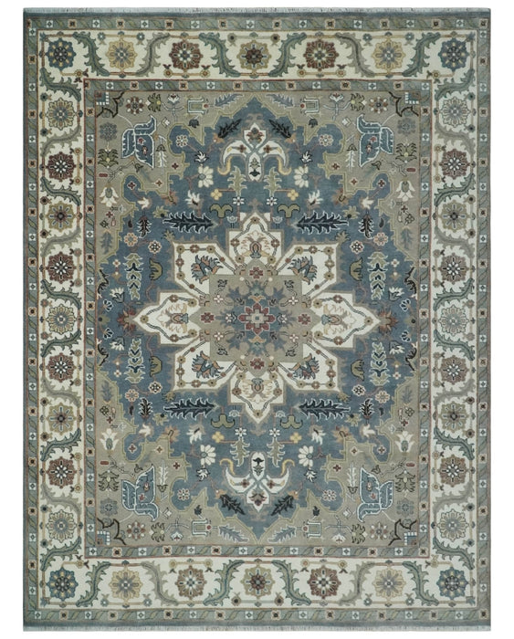 Large 9x12 Living Room Wool Rug, Hand Knotted Ivory, Charcoal and Olive Traditional Design