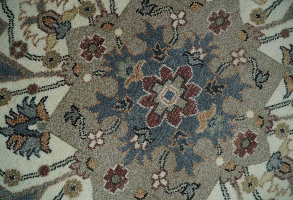 Large 9x12 Living Room Wool Rug, Hand Knotted Ivory, Charcoal and Olive Traditional Design