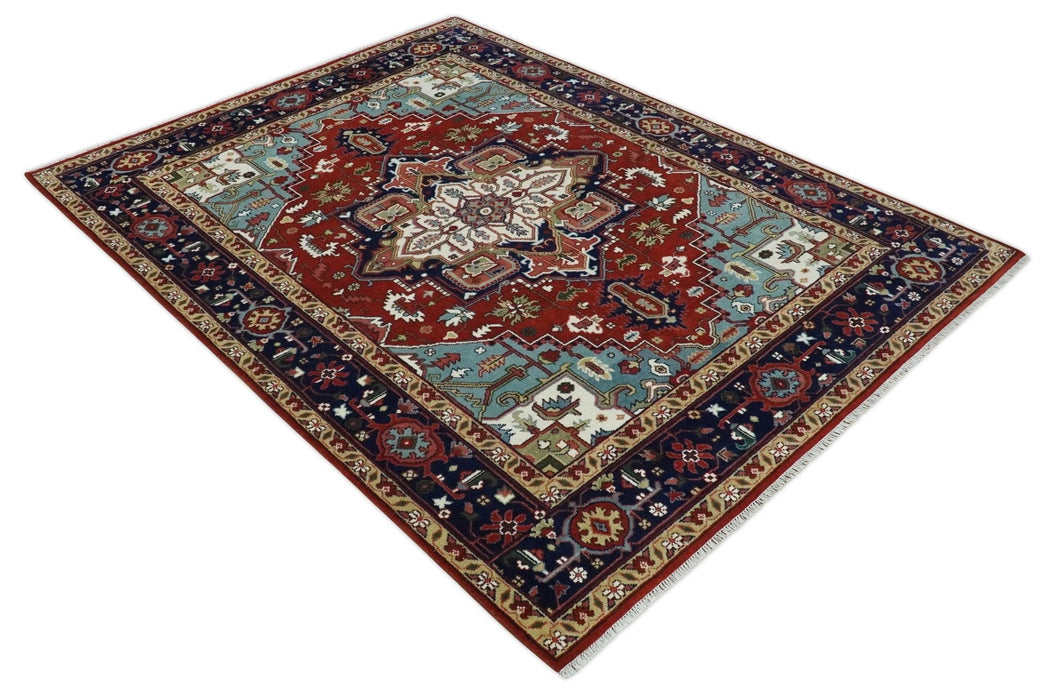 Large 9x12 Rust and Blue Hand Knotted Traditional Wool Rug