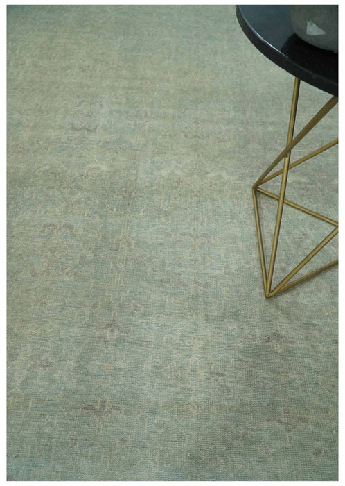 Large Knot Wool Rug Large 9x12 Traditional Antique Style Beige and Aqua Turkish Knot Wool