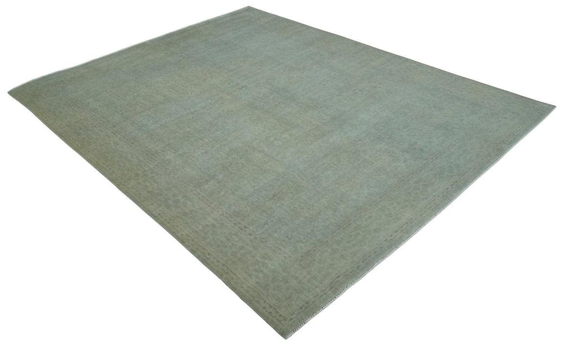 Large 9x12 Traditional Antique Style Beige and Aqua Turkish Knot Wool Rug