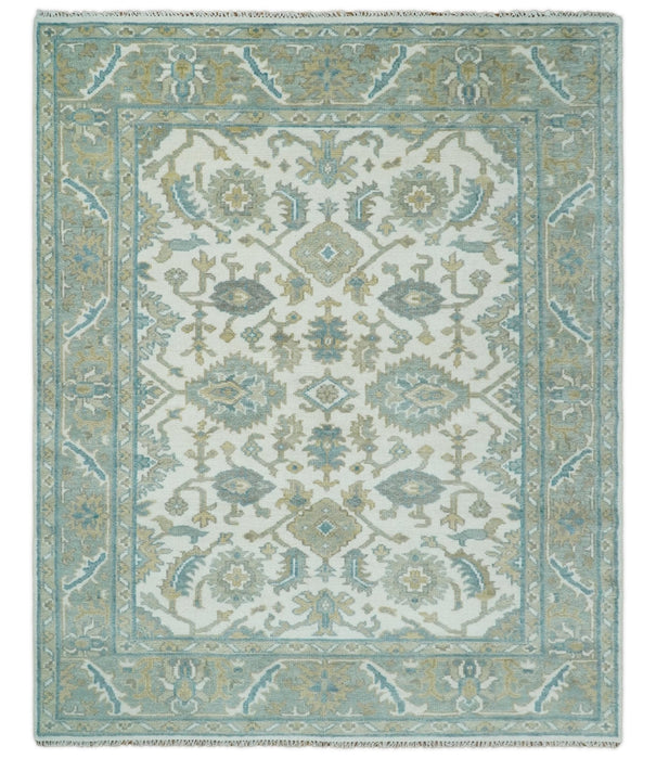 Hand Knotted Oriental Oushak Teal, Ivory and Beige Custom Made Wool Area Rug