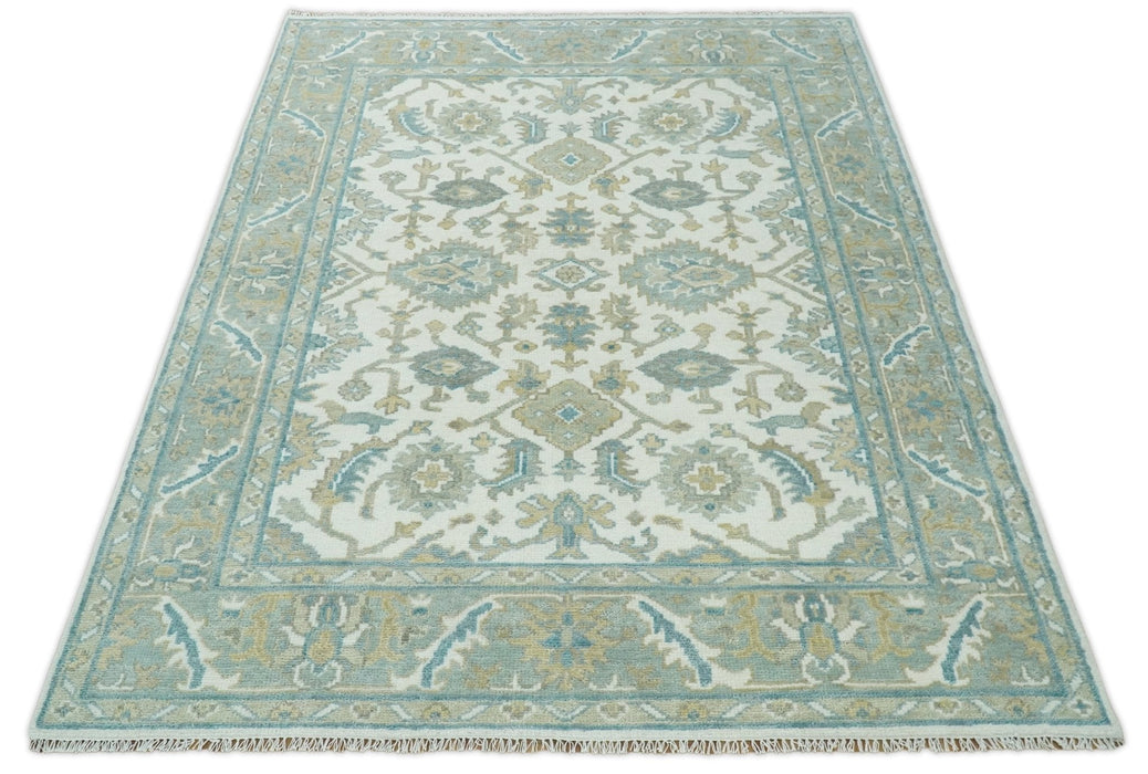 Hand Knotted Oriental Oushak Teal, Ivory and Beige Custom Made Wool Area Rug