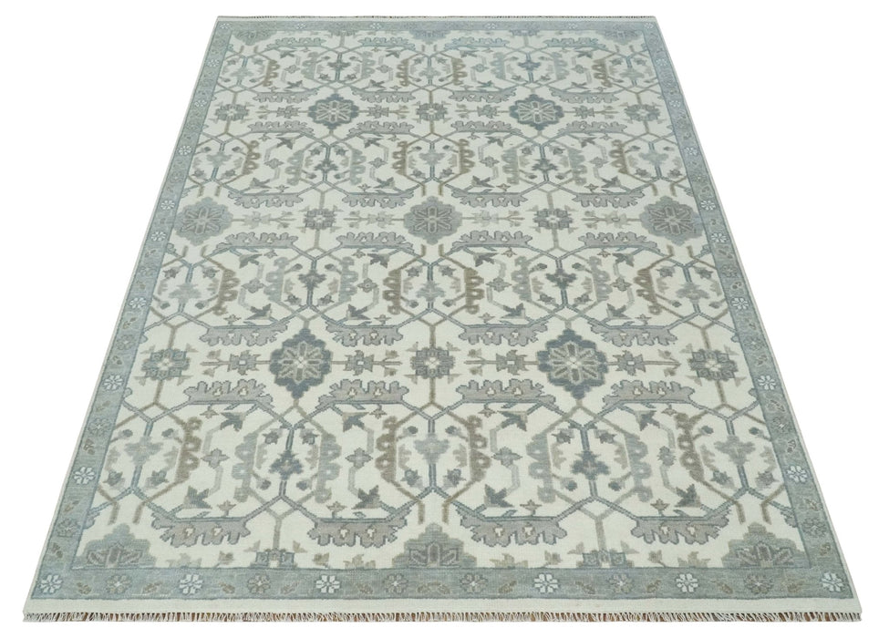 Large Hand Knotted Ivory and Silver 9x12 Oriental Oushak Traditional Wool Area Rug
