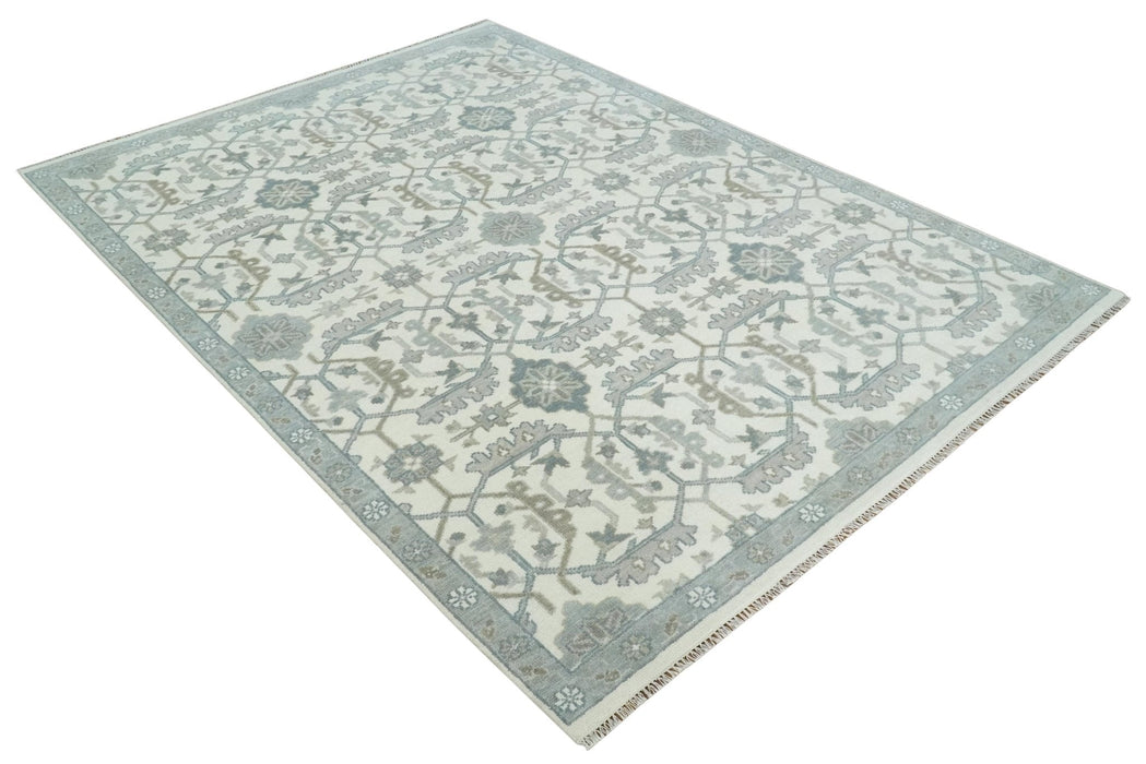 Large Hand Knotted Ivory and Silver 9x12 Oriental Oushak Traditional Wool Area Rug