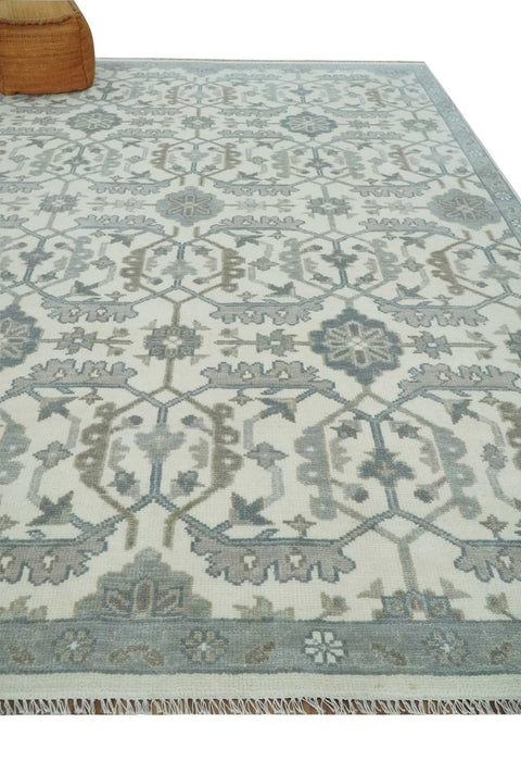 Large Hand Knotted Ivory and Silver 9x12 Oriental Oushak Traditional Wool Area Rug