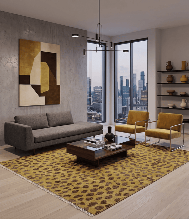 Leopard Design Mustard and Dark Plum Hand Knotted Custom Made wool area rug