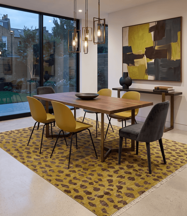 Leopard Design Mustard and Dark Plum Hand Knotted Custom Made wool area rug