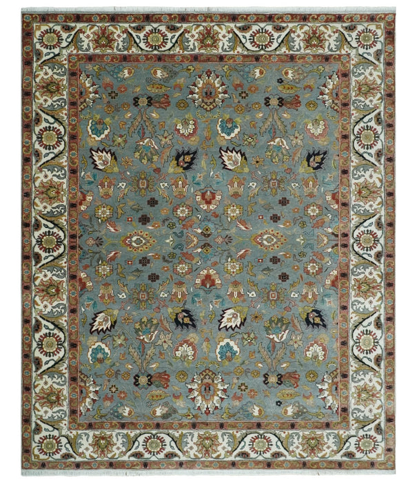 Light Blue, Ivory and Peach Turkish Design Traditional Floral 8x10 and 9x12 Hand Knotted Wool Area Rug