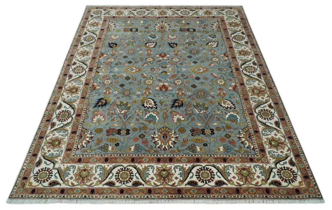Light Blue, Ivory and Peach Turkish Design Traditional Floral 8x10 and 9x12 Hand Knotted Wool Area Rug