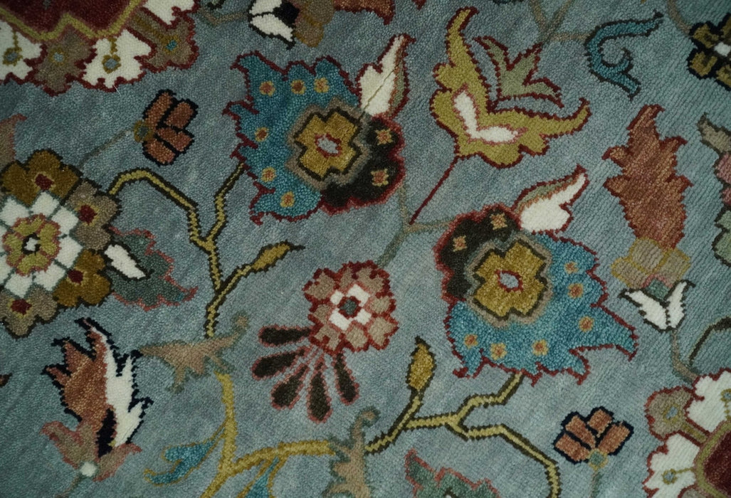 Light Blue, Ivory and Peach Turkish Design Traditional Floral 8x10 and 9x12 Hand Knotted Wool Area Rug