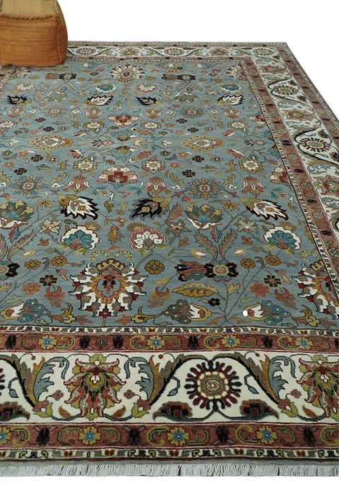 Light Blue, Ivory and Peach Turkish Design Traditional Floral 8x10 and 9x12 Hand Knotted Wool Area Rug