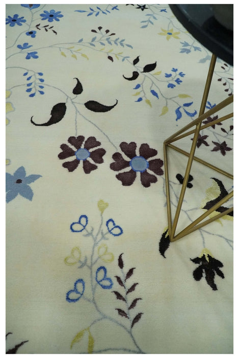Light Blue, Ivory, Charcoal and Brown Hand Knotted Traditional Floral 6.6x10 Wool Area Rug